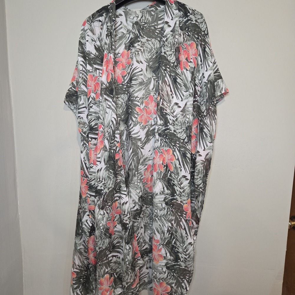 Tropical Palm Floral Kimono Duster Cardigan Women OS‎ Pink Green Beach Cover Up